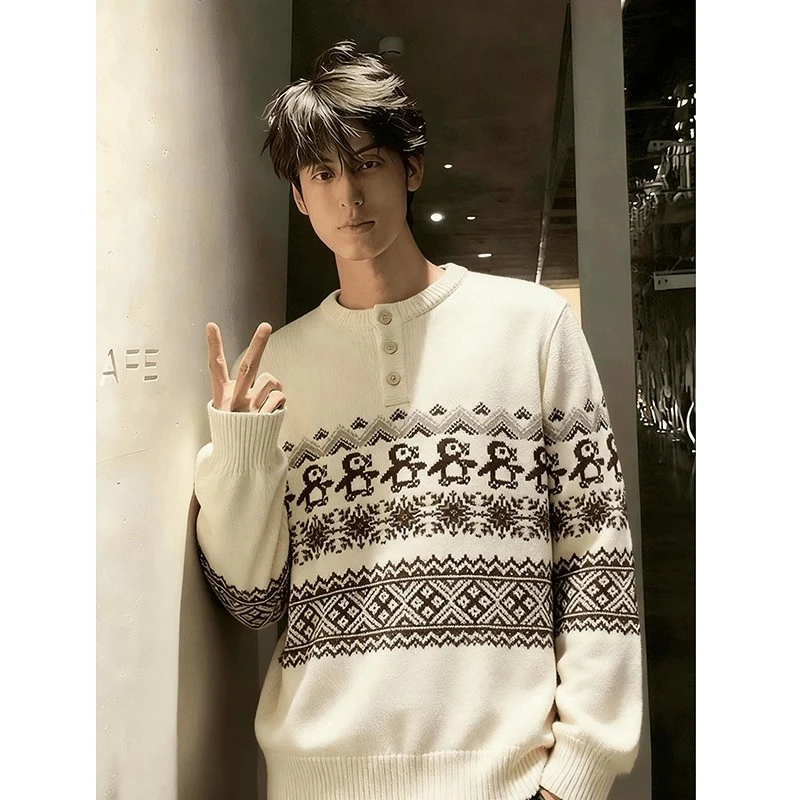 圣诞企鹅费尔岛亨利领毛衣男秋冬美式复古提花慵懒套头针织衫外套