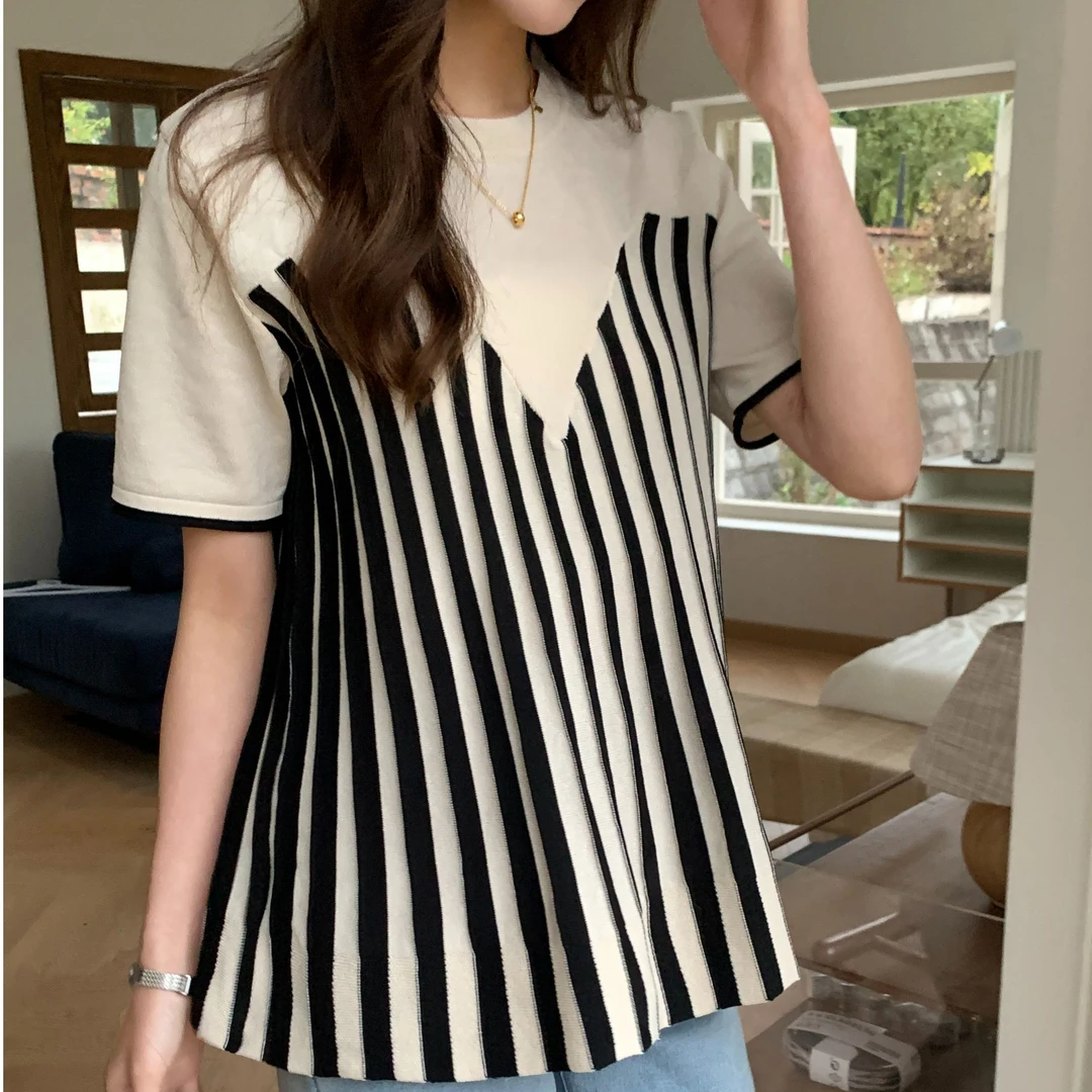 微胖仙女2025夏装新款时尚条纹显瘦短袖薄款韩百搭大码宽松女胖微