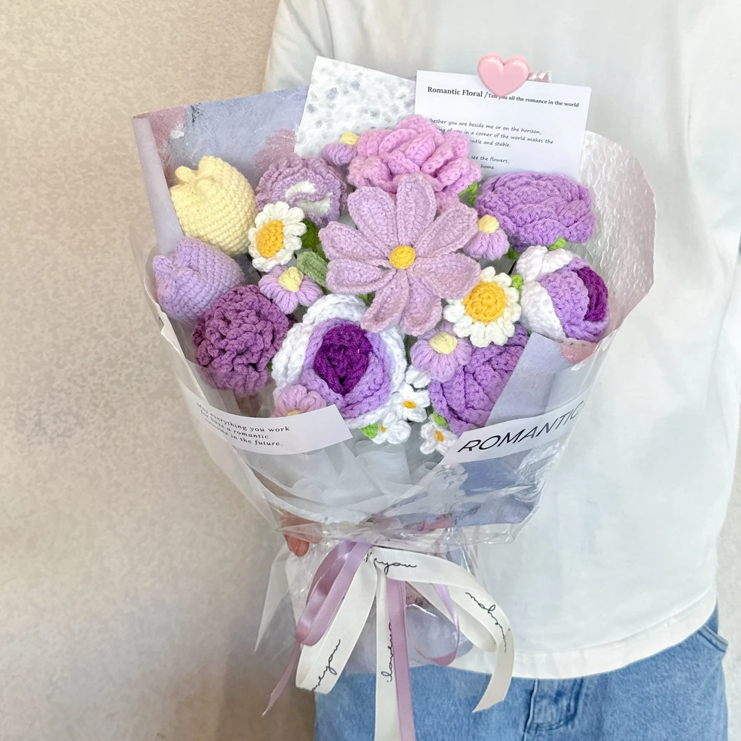 紫鸢浪漫手工毛线玫瑰郁金香编织花束送长辈送女友闺蜜生日礼物