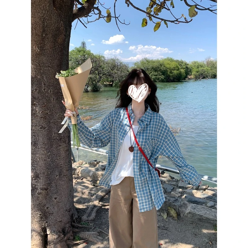 韩版vintage时尚格子衬衫外套女夏季复古宽松慵懒风百搭衬衣开衫