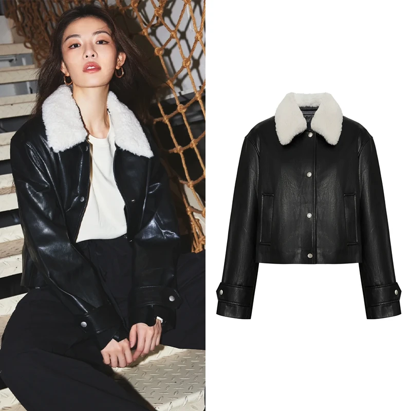 【M】【钟楚曦同款】时尚外套2024秋新品可拆毛领短款素皮Z1375