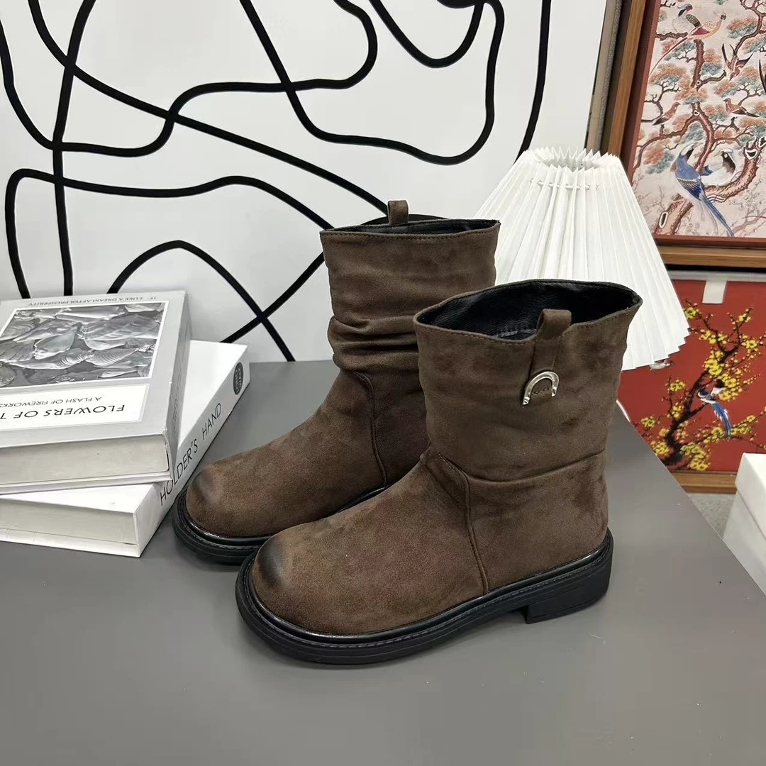 900-3沙色 厚底堆堆靴女2025秋冬新款复古短靴圆头褶皱套筒中筒靴