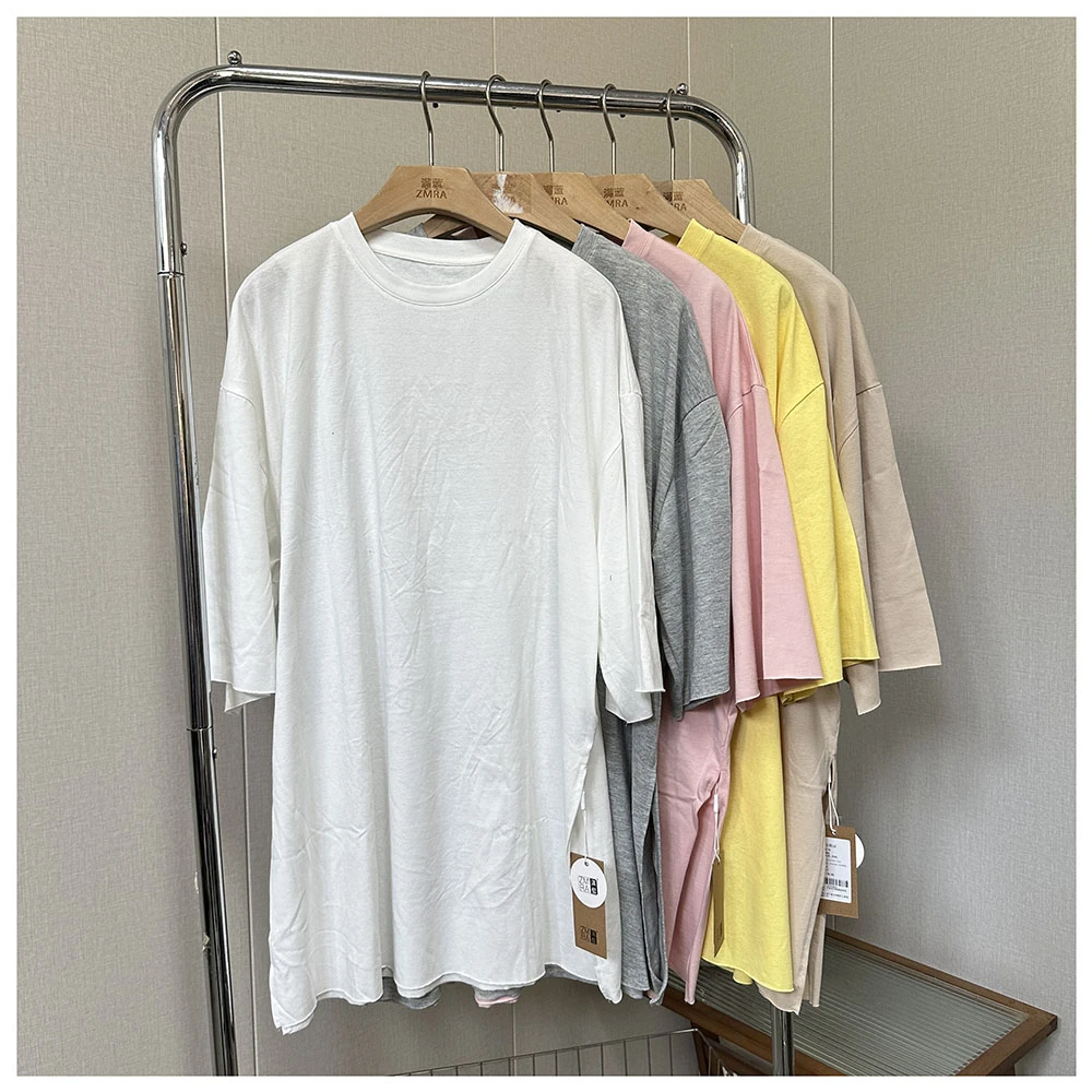 2T009/T289/T431   夏季新款宽松中长款毛边圆领短袖白色T恤女