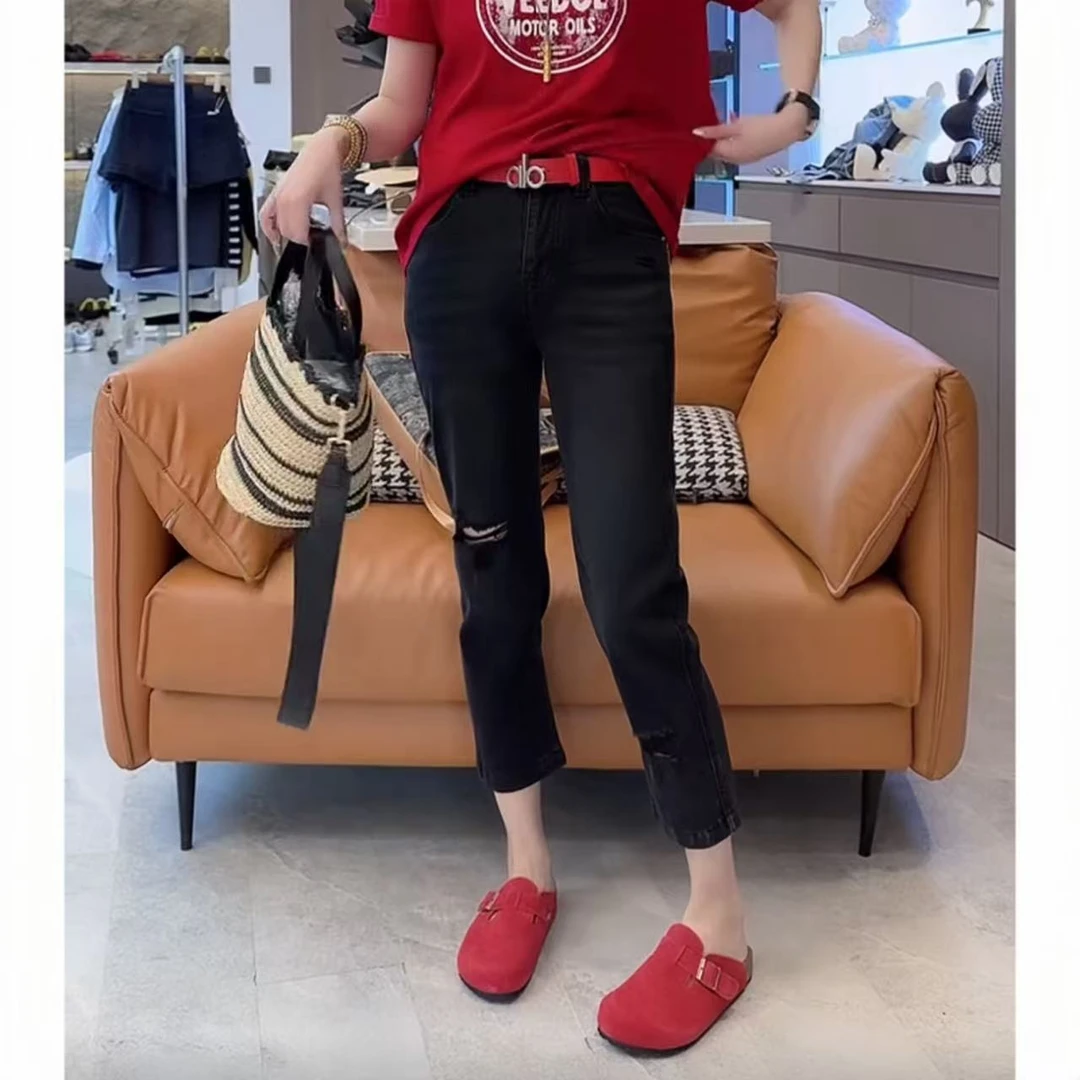 飞芊娅夏季新款薄款破洞直筒牛仔裤女梨形身材小个子八分烟管裤子