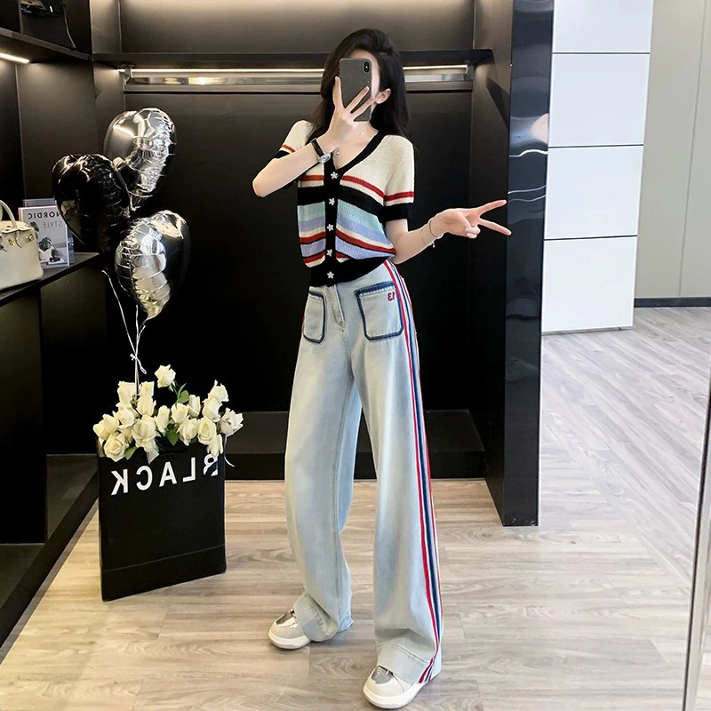 韩系穿搭一整套时尚套装洋气衣服女夏新款短袖针织衫牛仔裤两件套