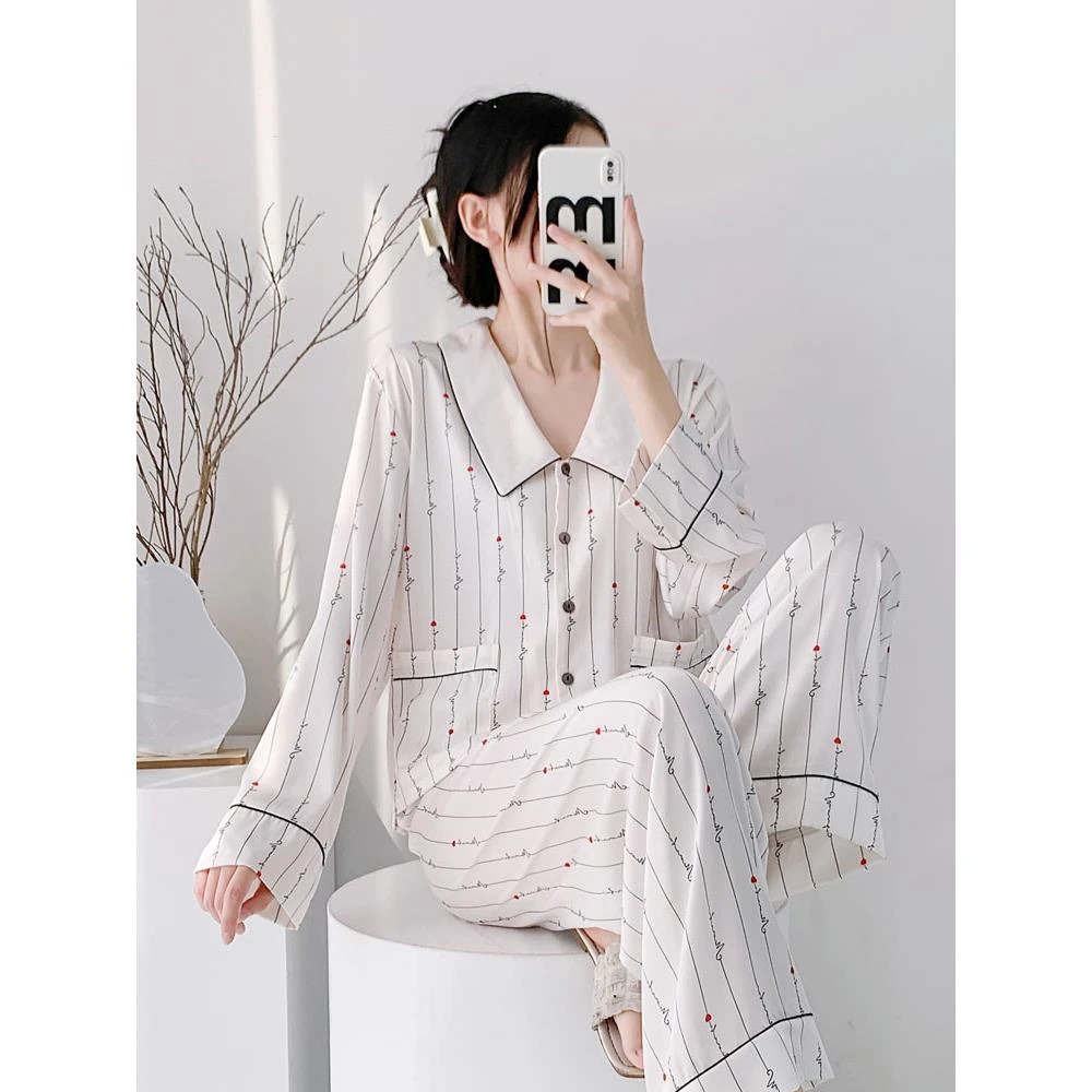 SUAM RUO睡衣女春秋季冰丝高档长袖条纹心形翻领高级感家居服套装