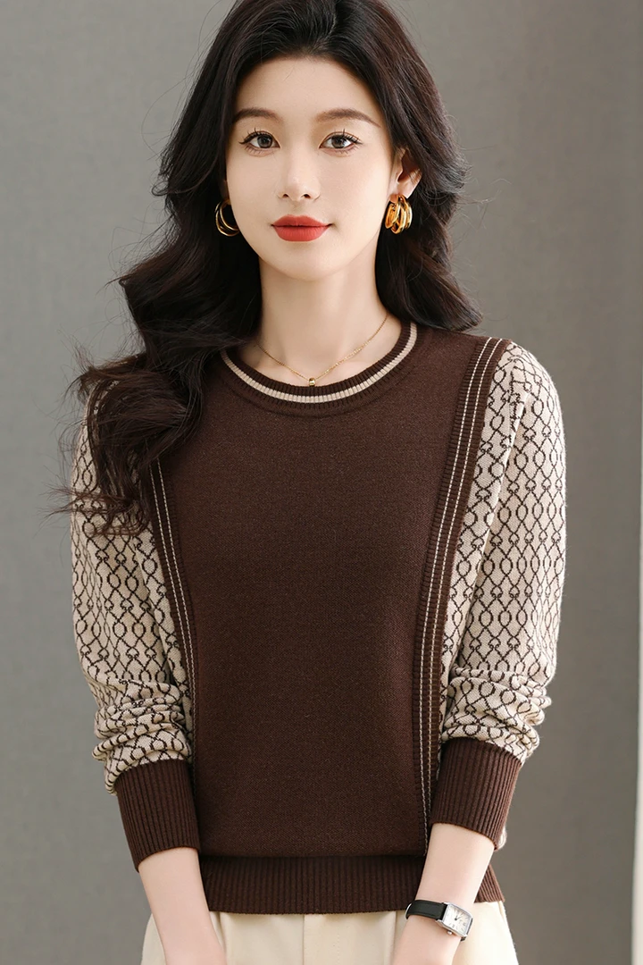 新款春秋圆领女士长袖毛针织衫显瘦针织衫秋冬拼接针织衫气质宽松