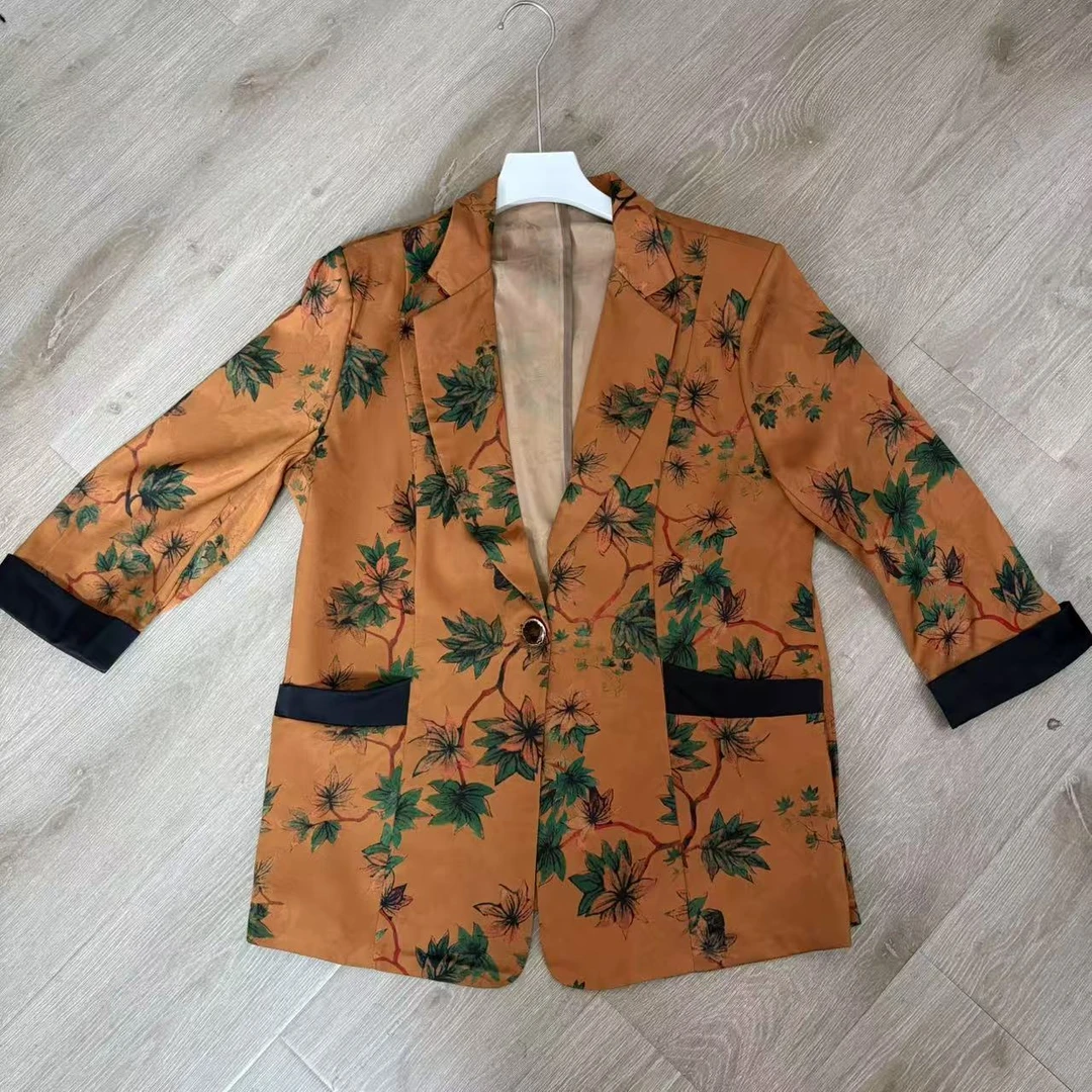 8962-黄色修身型单排扣通勤印花国风提花小西装休闲西装