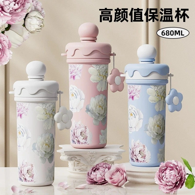 正涵繁花水杯轻奢高级感316不锈钢保温杯高颜值ins吸管户外杯子
