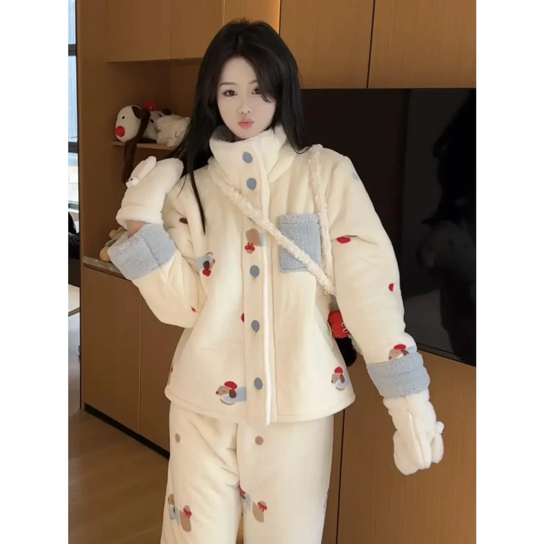 睡衣女冬季新款加绒三层加厚保暖可爱狗狗法兰绒可外穿家居服套装