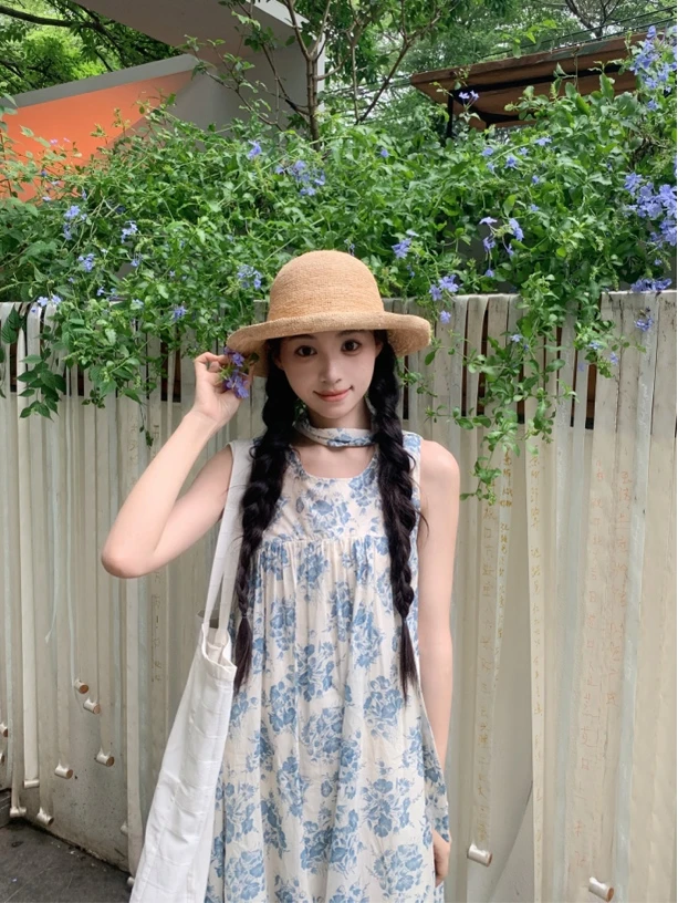 2351 “夏花游记”自留～法式碎花印花宽松无袖背心裙