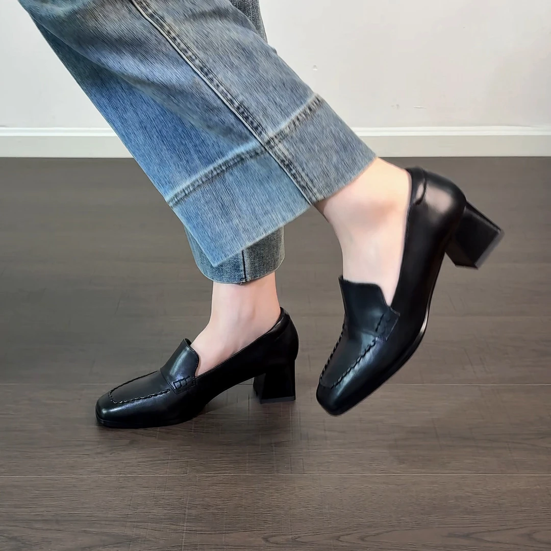 5cm/2599牛皮方头粗跟单鞋女春秋真皮英伦风小皮鞋中跟乐福鞋
