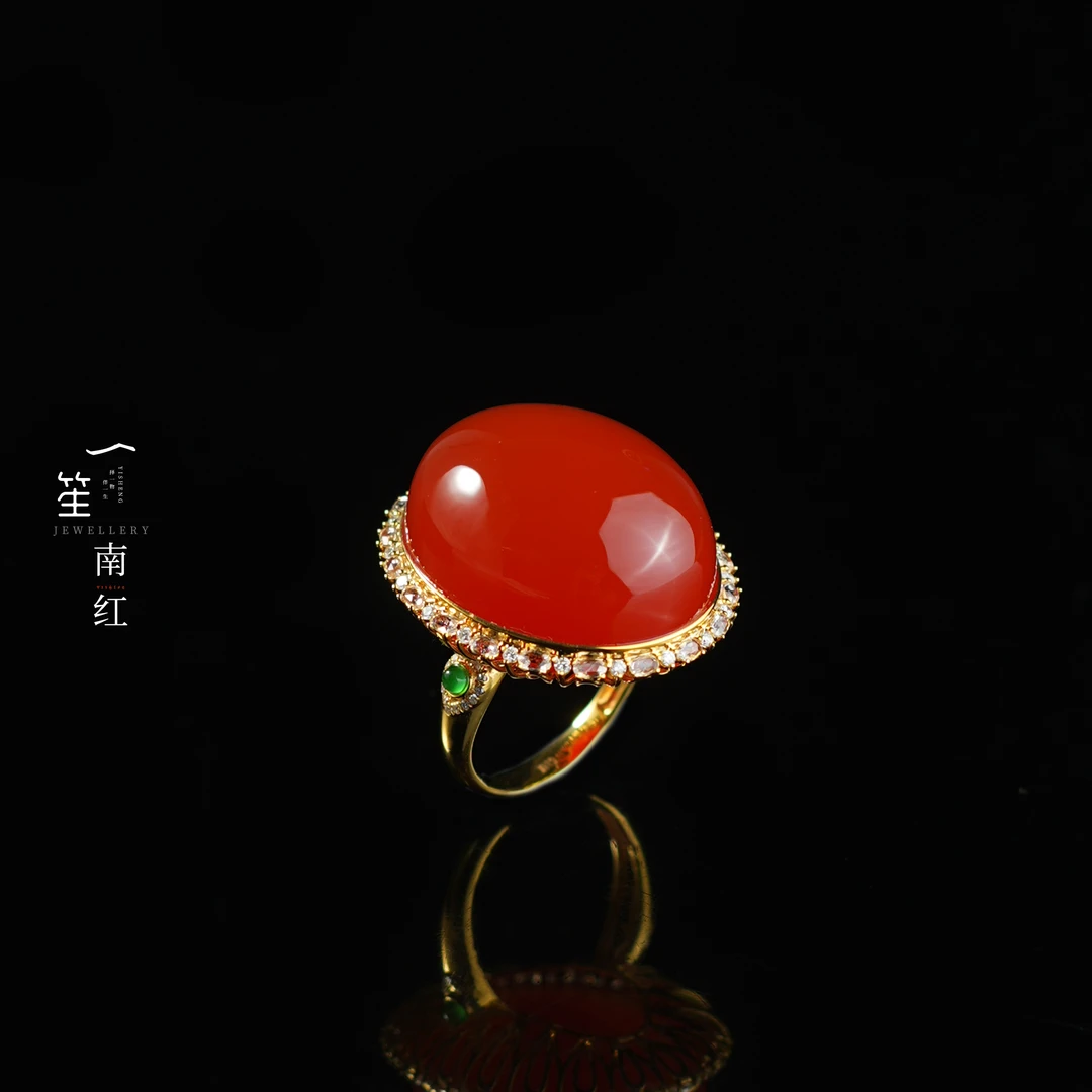 【一笙珠宝】天然收藏级南红玛瑙冰红蛋面戒指18k金镶嵌 YS19607
