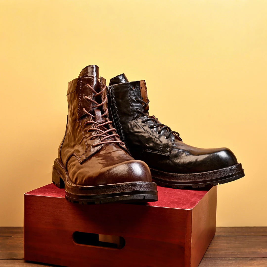 Brounvanm男士潮流马丁靴中帮英伦风圆头真皮靴子时尚工装靴X5A73