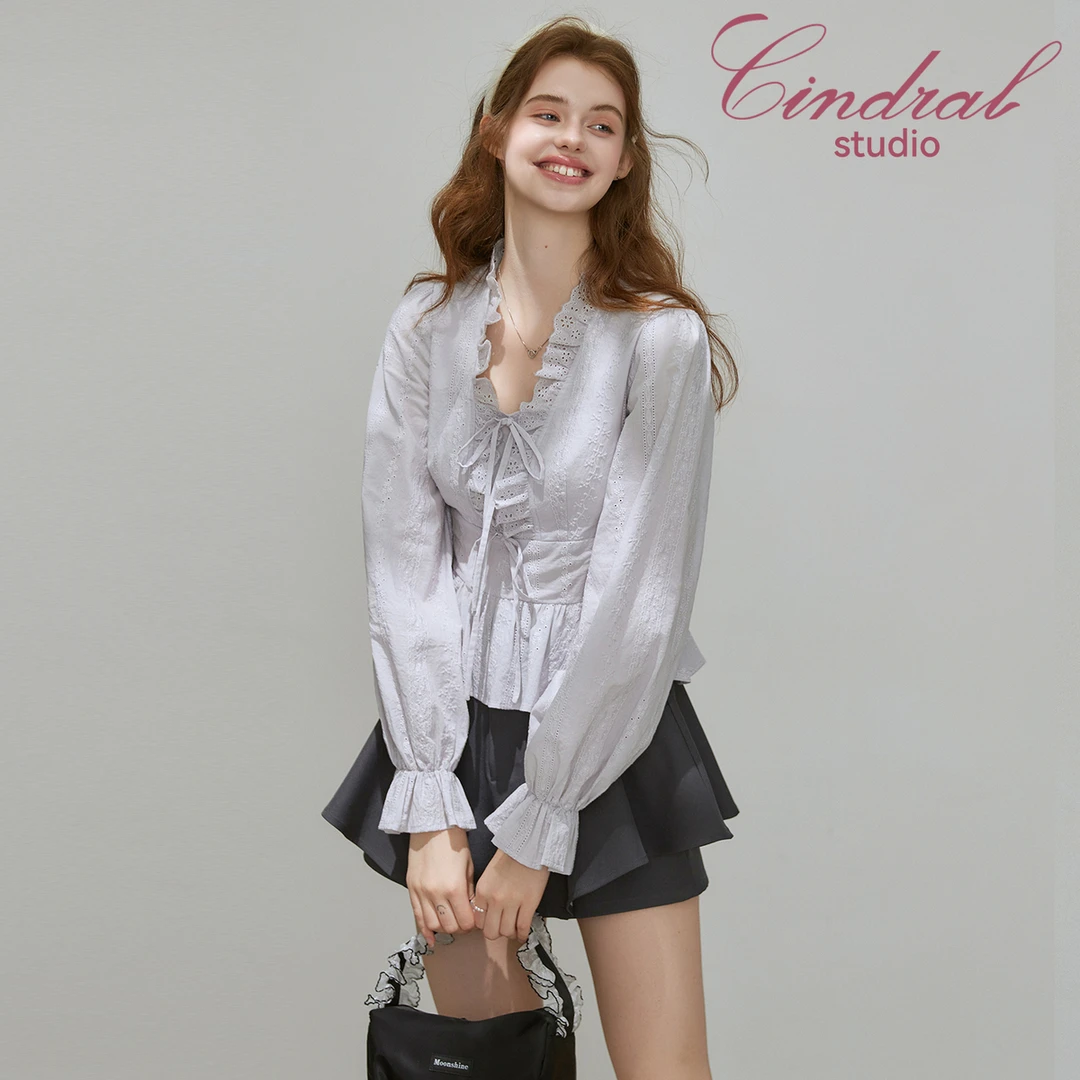 【熙地】洋气百搭荷叶边领长袖秋季独特超好看上衣衬衫 C85QB0504Z