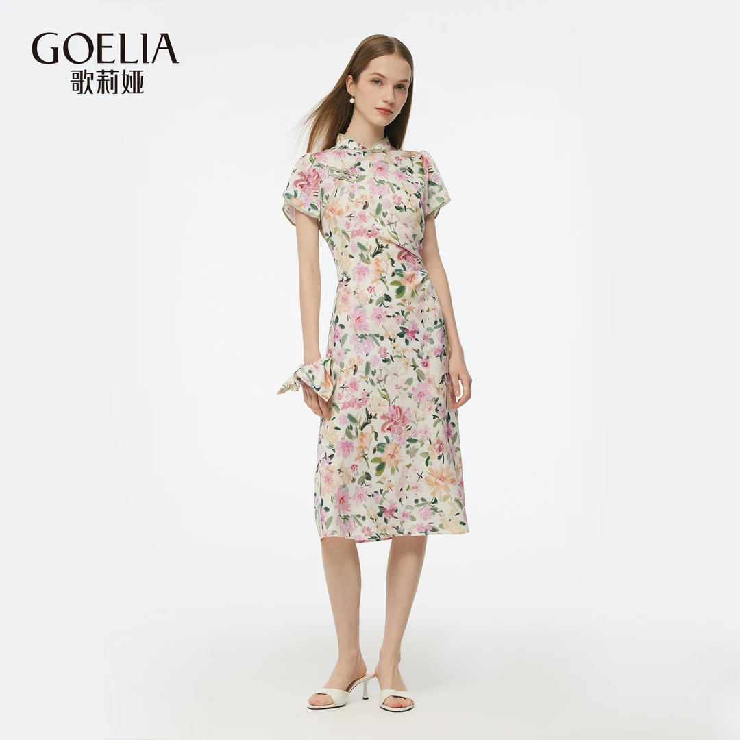 【一秒入夏】歌莉娅春季19MM弹力桑蚕丝印花旗袍春日裙子1E3L4K1Y0