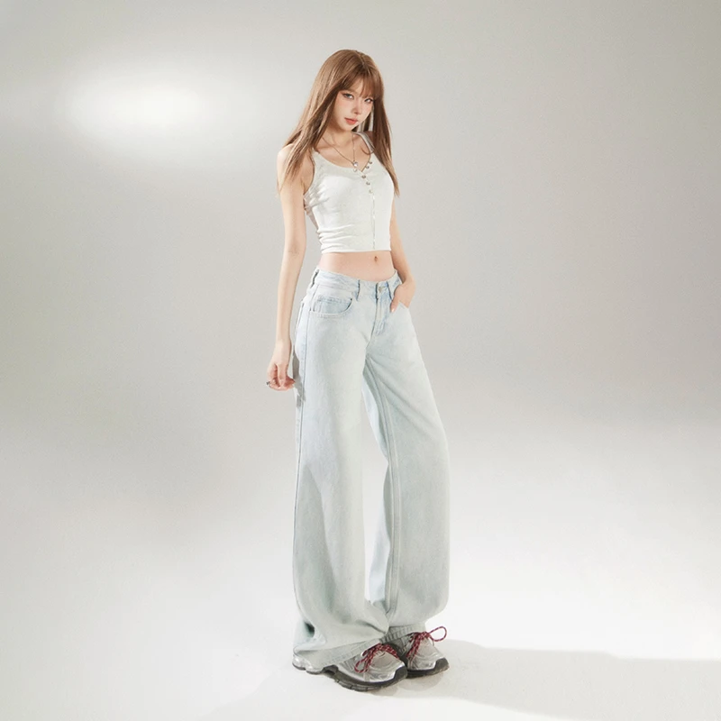 OROI美式复古低腰辣妹宽松阔腿裤春夏百搭直筒牛仔裤女