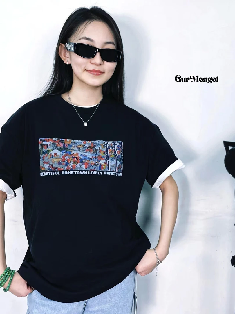 GUR MONGOL 新款短袖圆领休闲印花情侣短袖时尚百搭潮流