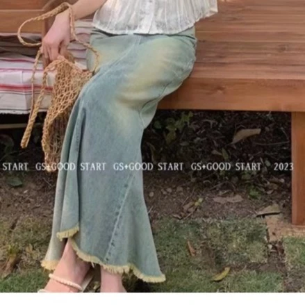 杨淘严选#23510夏季复古短款设计感半身裙时尚牛仔条纹时尚气质薄