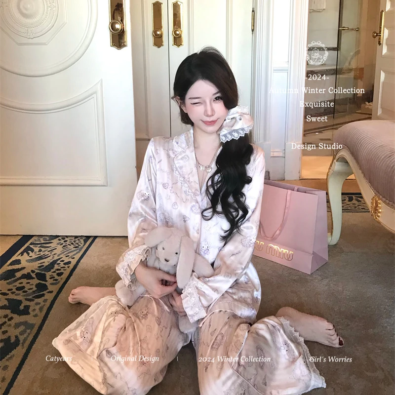 格子花边hellokitty猫睡衣女春秋长袖日系学生居家服套装ktm睡衣