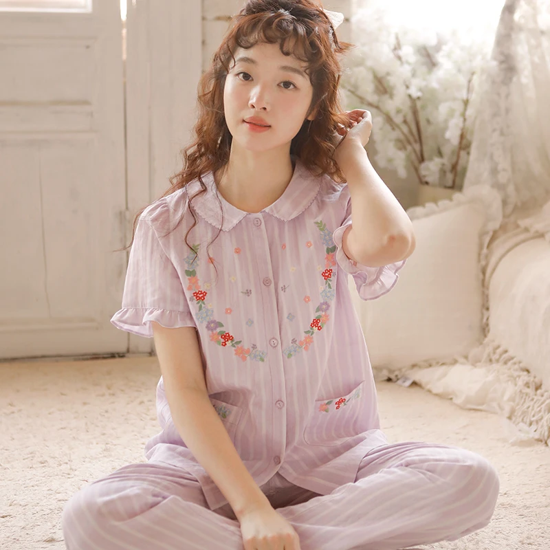 春夏女士纯棉睡衣甜美刺绣短袖长裤双层棉纱家居服套装MS246047