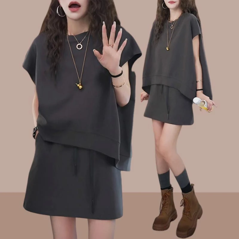 香朵儿洋气时尚百搭极简风上衣短裙2025夏季新款宽松纯色两件套女