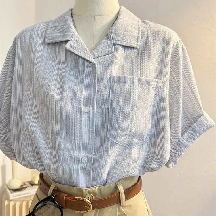 复古港风条纹短袖衬衫新款法式设计衬衣宽松通勤夏季休闲上衣