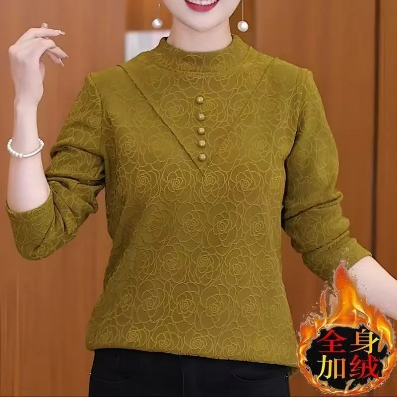 秋冬2025新款女士高档提花加绒圆领时尚打底衫长袖洋气妈妈装