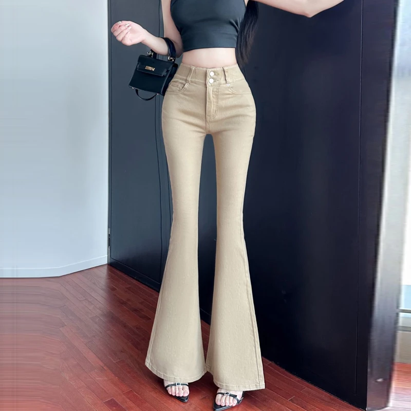 韩版自带丰胯垫卡其色双扣微喇牛仔裤女春季高腰修身弹力拖地长裤