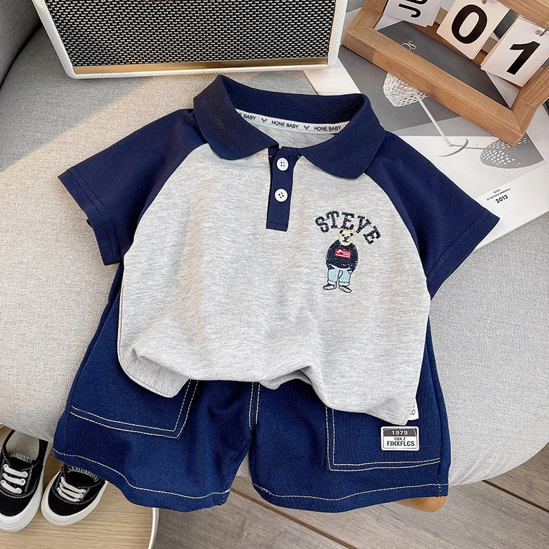 儿童夏季套装拼接翻领短袖2024新款时尚男童撞色小童POLO衫两件套