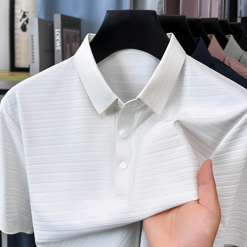 夏季新款桑蚕丝男士Polo衫薄款轻奢短袖商务休闲透气纯色宽松T恤