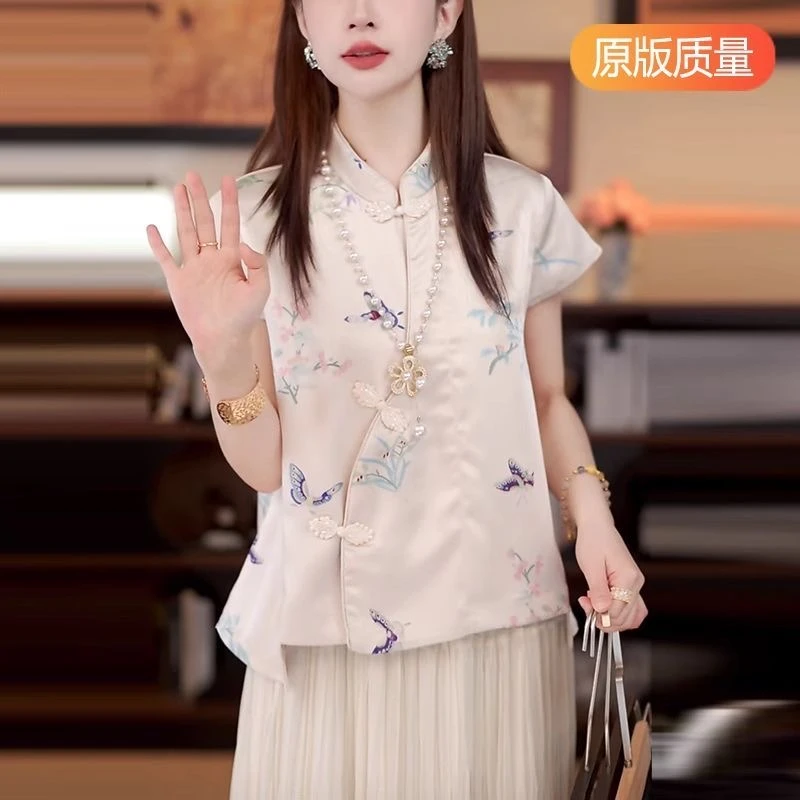 短袖立领盘扣上衣女国潮中国风唐装衬衫印花上衣