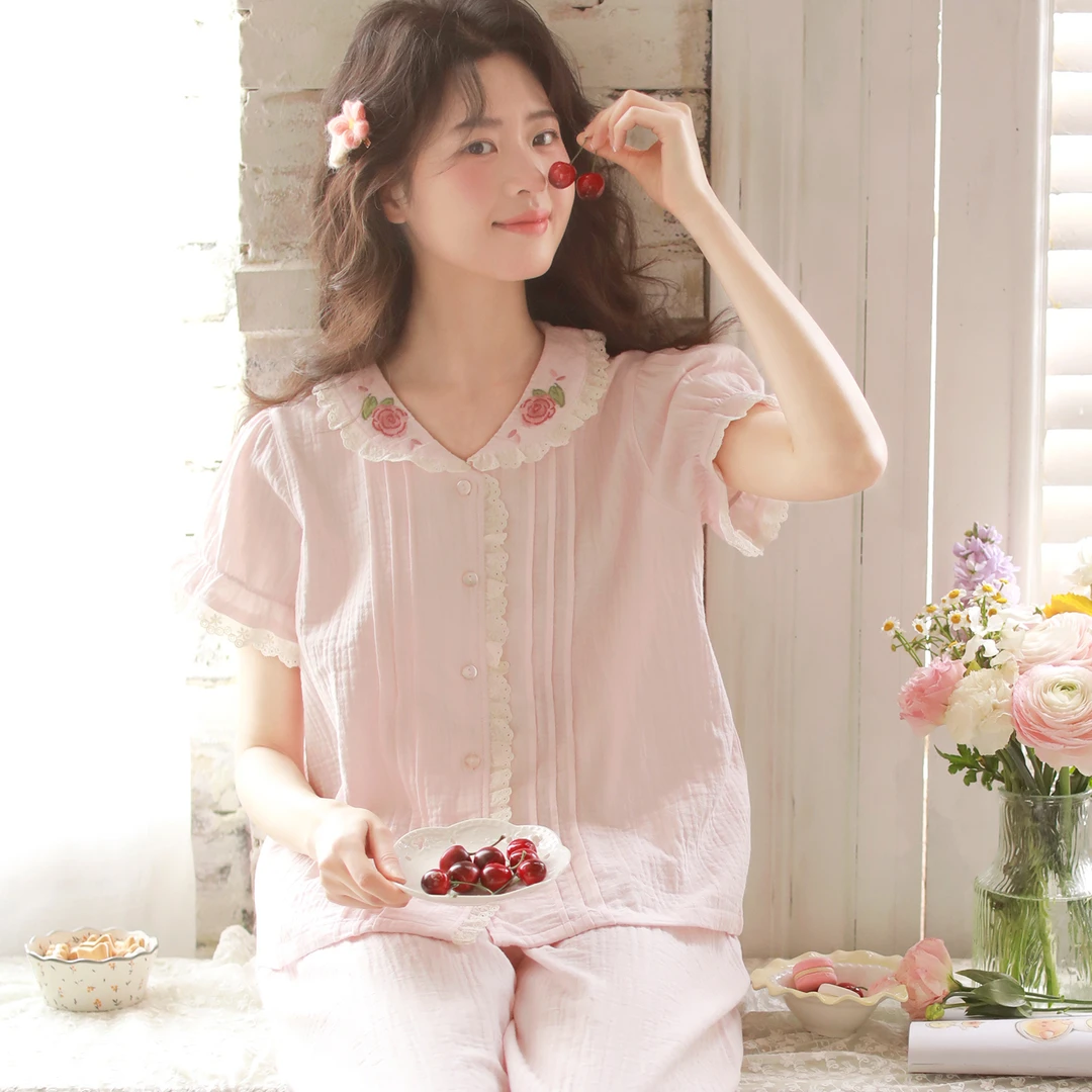 『瑰夏』富朵睡衣夏季纯棉双层纱布甜美短袖长裤薄女款可外穿家居服