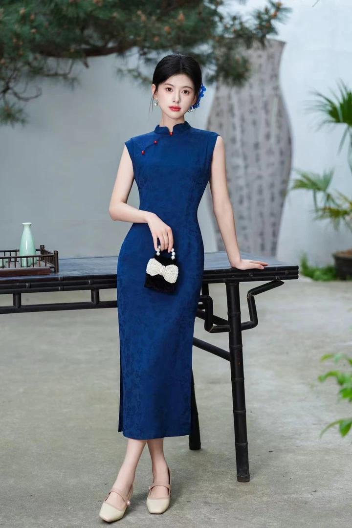 无袖旗袍夏季蓝色旗袍走秀立领显瘦中国风日常气质复古修身蕾丝