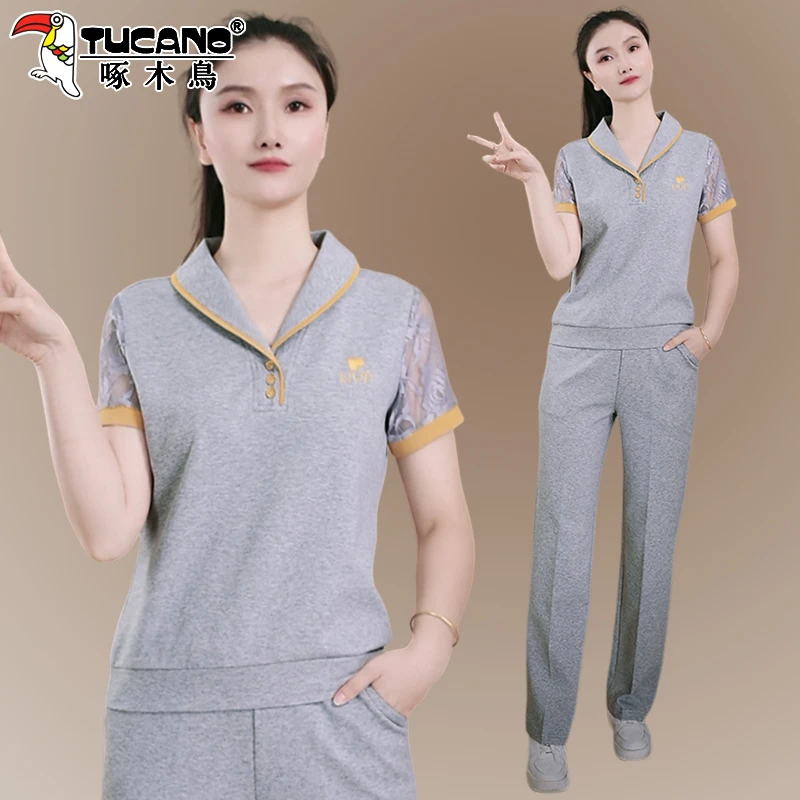 啄木鸟运动套装女2025新款夏季时尚洋气妈妈夏装短袖休闲服两件套