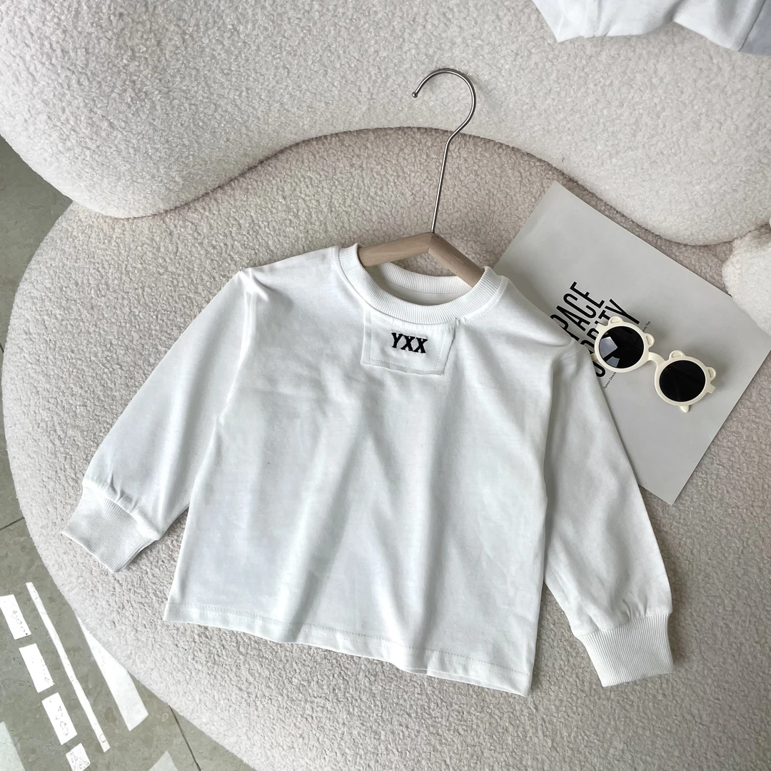 【纯棉长袖T恤】儿童春秋休闲白色T恤男女童纯色百搭长袖打底衫