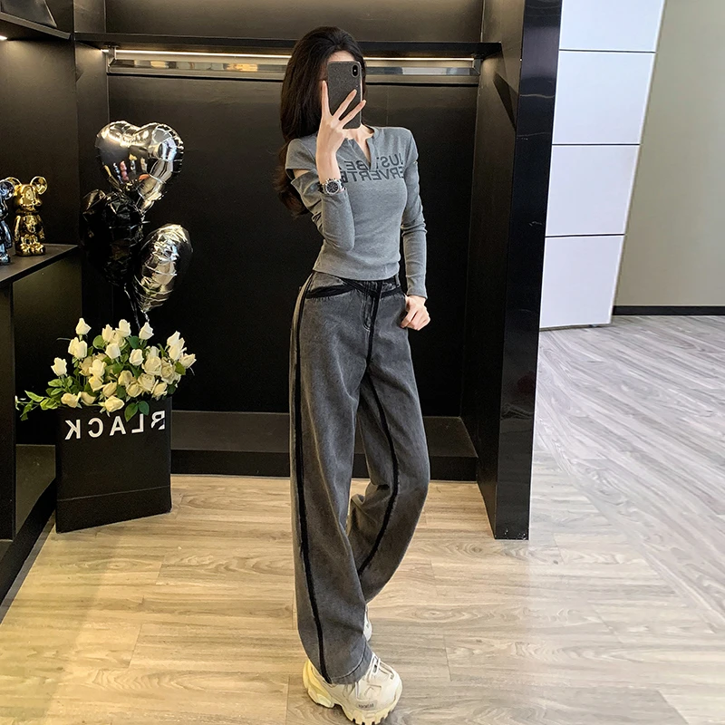 V领设计打底衫上衣春季新款小众韩版修身显瘦字母破洞长袖T恤ins