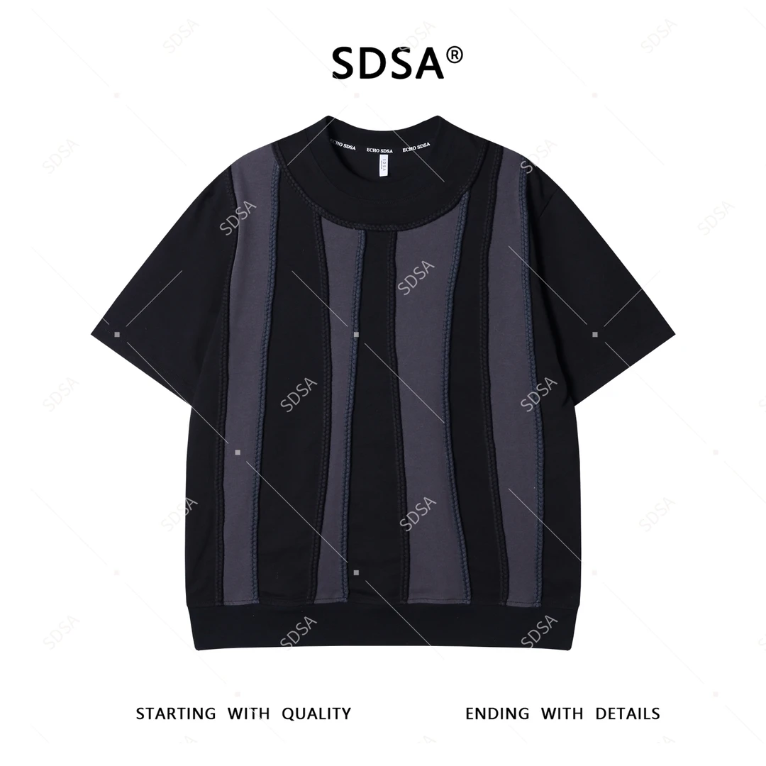 夏季高级感新款男士简约休闲撞色条纹设计短袖T恤时尚圆领上衣潮