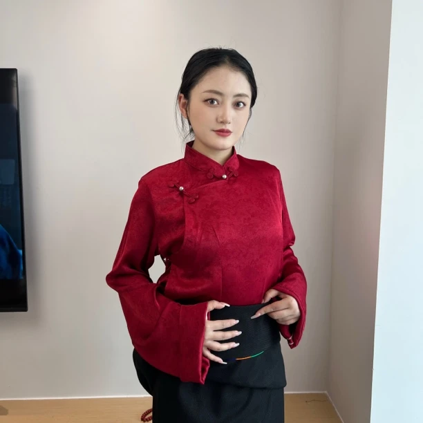 醋.酸衬衣暗花刺绣高质感衬衫上衣内搭民族风藏袍藏装