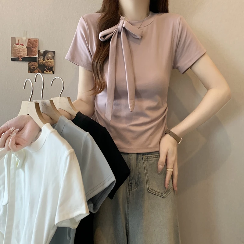 【小曹大码】夏装欧若风新款女别致系带蝴蝶结收腰显瘦T恤-ONL33576