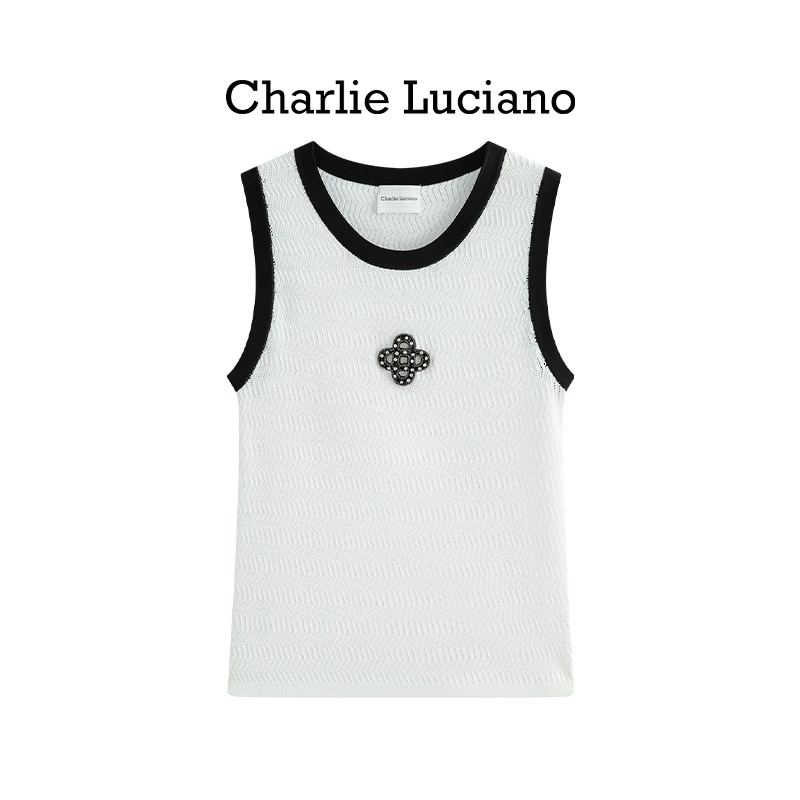 CharlieLuciano2025夏季撞色手缝钻标识镂空背心通勤时尚休闲打底