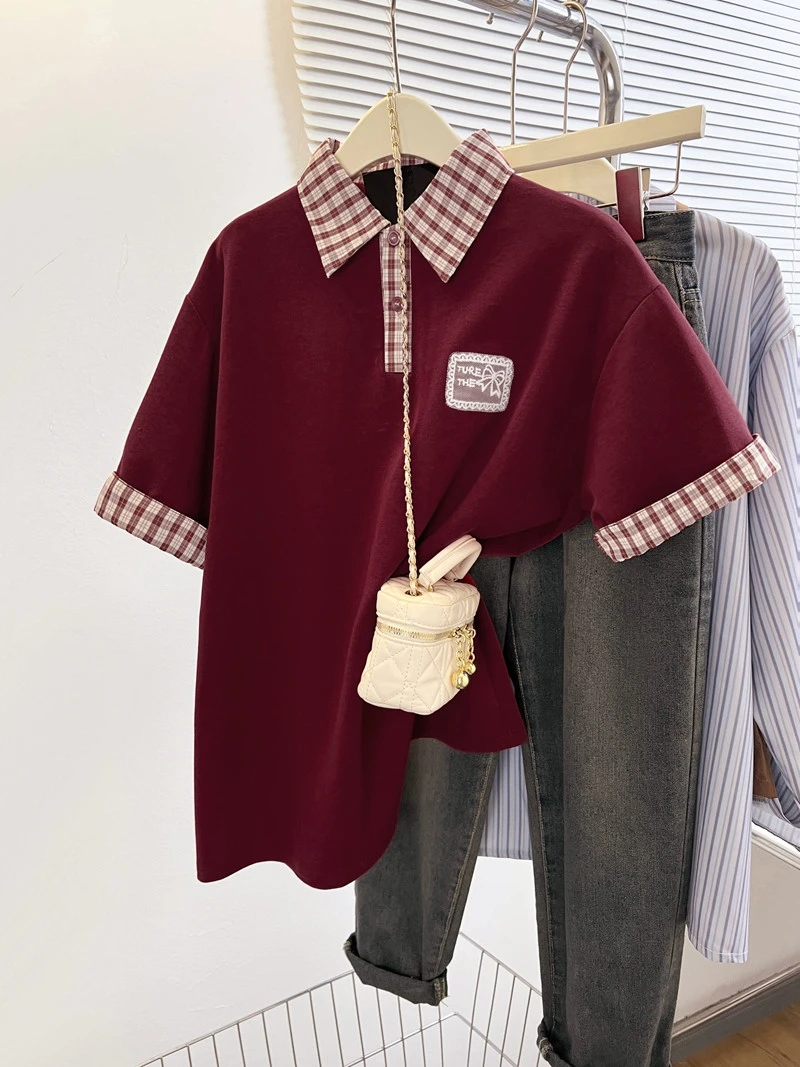原创假两件酒红色POLO衫女夏季复古美式风格子拼接设计感短袖T恤