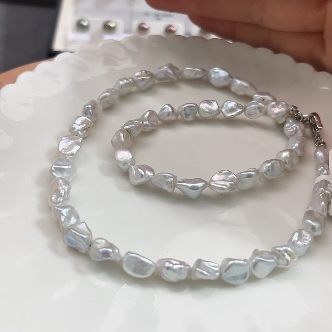 未镶嵌淡水珍珠稀有银灰蓝keshi项链7-8mm