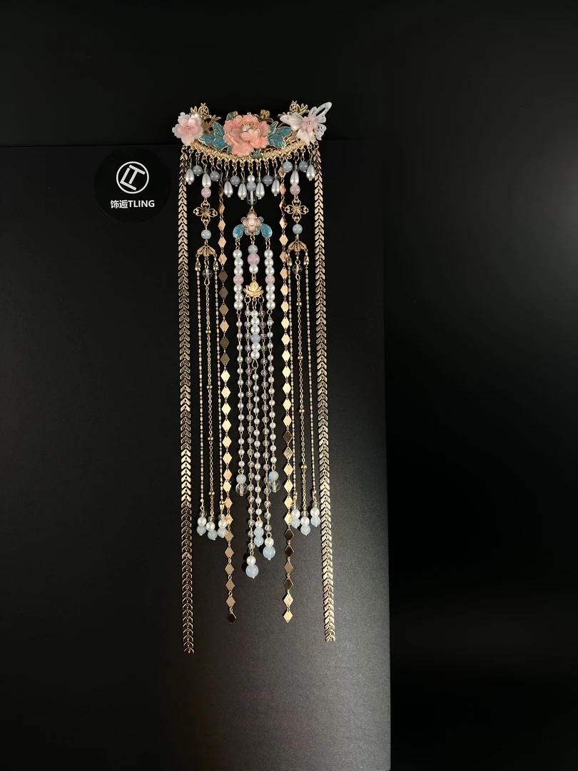 【倾城，后压】饰逅国色牡丹粉色蝴蝶长流苏后压古风头饰配饰