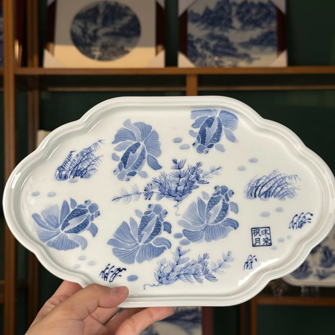 【沫染枫月】金鱼海棠茶盘复古青花瓷托盘陶瓷家用(25✖️17)