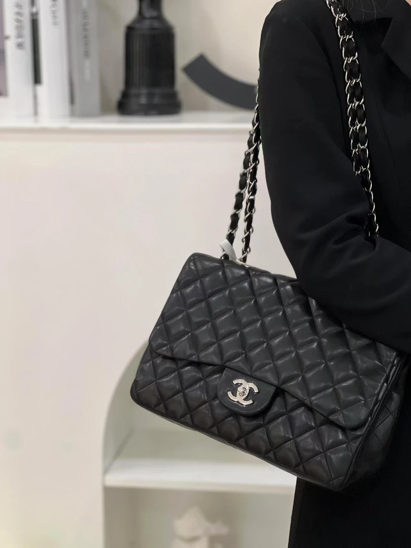 95新 Chanel/香奈儿 98新/chanel jumbo黑银羊斜挎包单盖/甄选