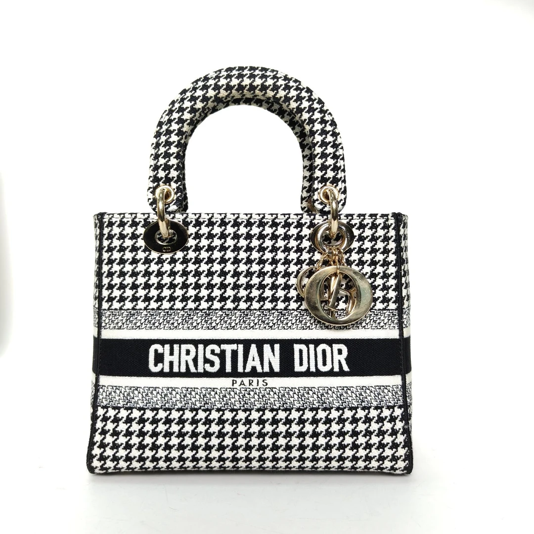 95新 DIOR/迪奥 【黑黑】戴妃包 中号 24 黑白千鸟格 帆布 金扣