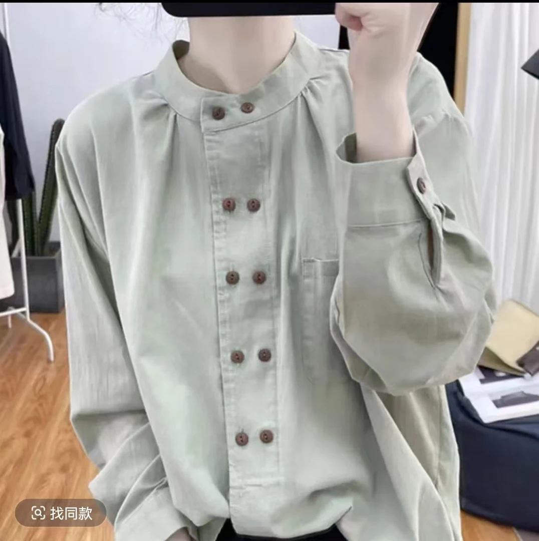 【有运补】2025春季款设计感双排扣小立领长袖衬衫女时尚通勤衬衫