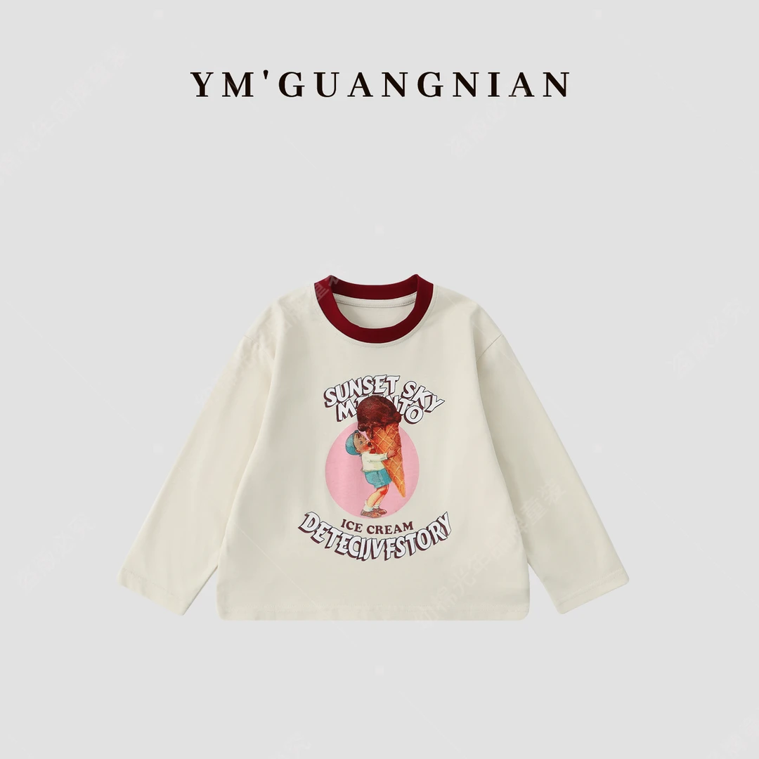 【幼棉光年】春季女童纯色舒适圆领T恤儿童百搭印花休闲长袖521868