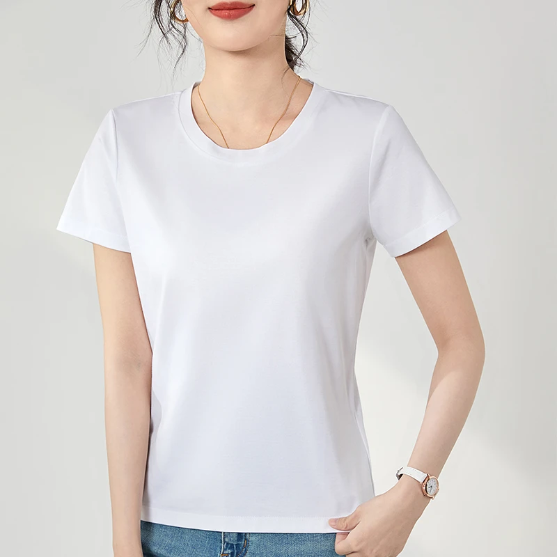夏季新款高端丝光棉女士圆领短袖凉感内搭外穿百搭纯色白设计t恤